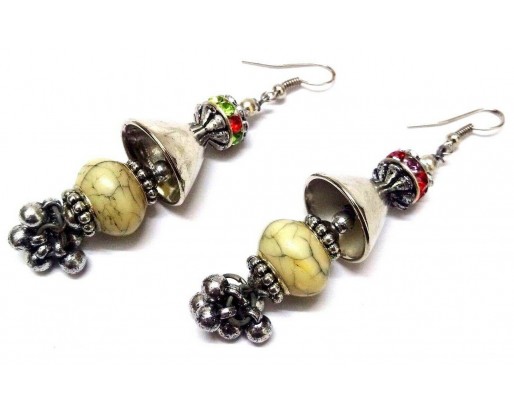 Off White Bead Silver Oxidized Earring Jhumka Chandelier - Hook Dangle Drop Long